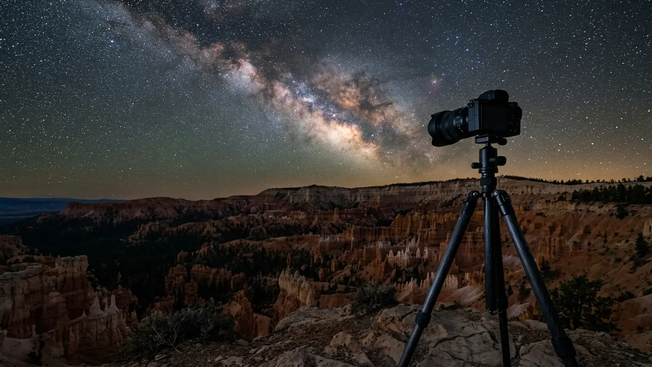 Bryce Canyon astrophotography gear: a camera and tripod silhouette against the Milky Way core over hoodoo formations at night, wide-angle lens framing the amphitheater below a star-filled sky