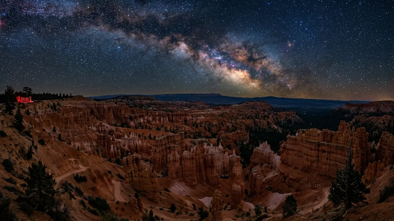 Bryce Canyon's hoodoo amphitheater under a dense Milky Way and countless stars at night, illustrating the Bryce Canyon dark sky certification and its Gold Tier rating, warm red-rock spires silhouetted against a deep indigo sky