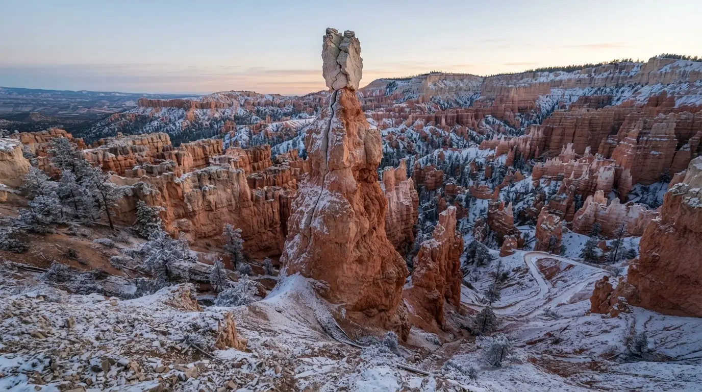 Bryce Canyon Sentinel hoodoo collapse site on the Navajo Loop: a broken red-orange spire stump above a snow-dusted slope at dawn, frost on the rim