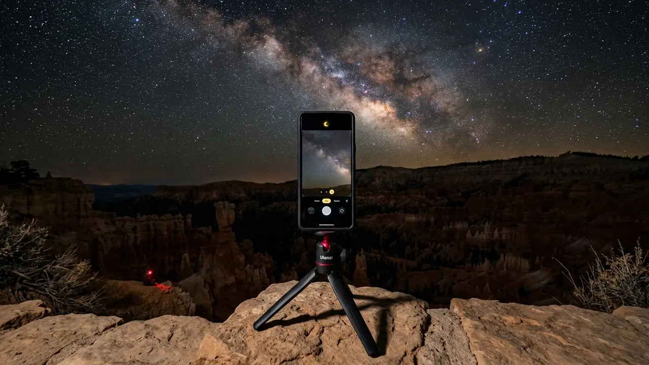 Smartphone on a mini tripod at Bryce Canyon's rim, Night mode's yellow crescent icon lit on screen, capturing Bryce Canyon stargazing photos with phone as the Milky Way arcs above hoodoo silhouettes at night