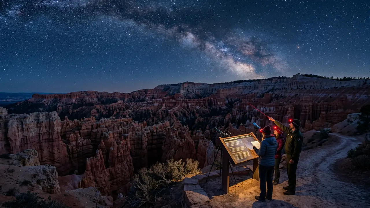 Star-filled night sky above the hoodoo amphitheater at Bryce Canyon National Park at blue hour, illustrating the Bryce Canyon stargazing FAQ on permits, timing, and cold-weather prep