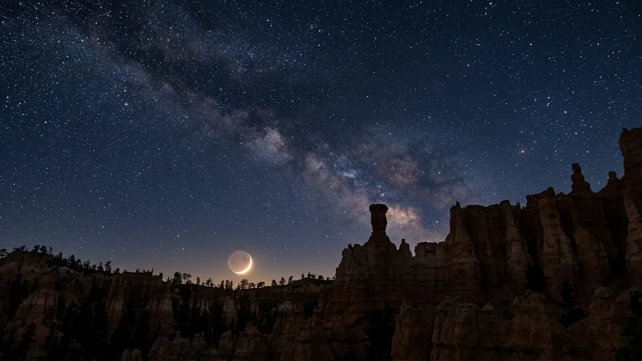 Clear night sky above Bryce Canyon's hoodoo silhouettes with a thin crescent moon low on the horizon, illustrating a favorable Bryce Canyon stargazing forecast