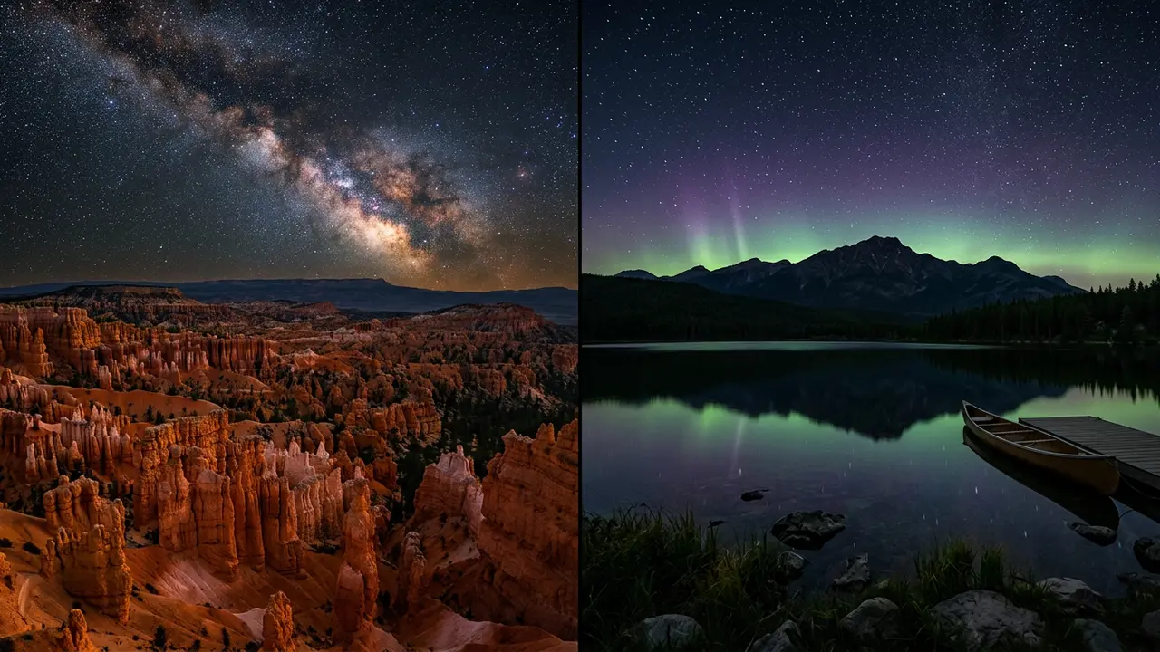 Split dusk composite of Bryce Canyon's hoodoo amphitheater under a star-filled Gold Tier sky beside Jasper National Park's Pyramid Lake with a faint aurora glow, illustrating Bryce Canyon vs Jasper dark sky