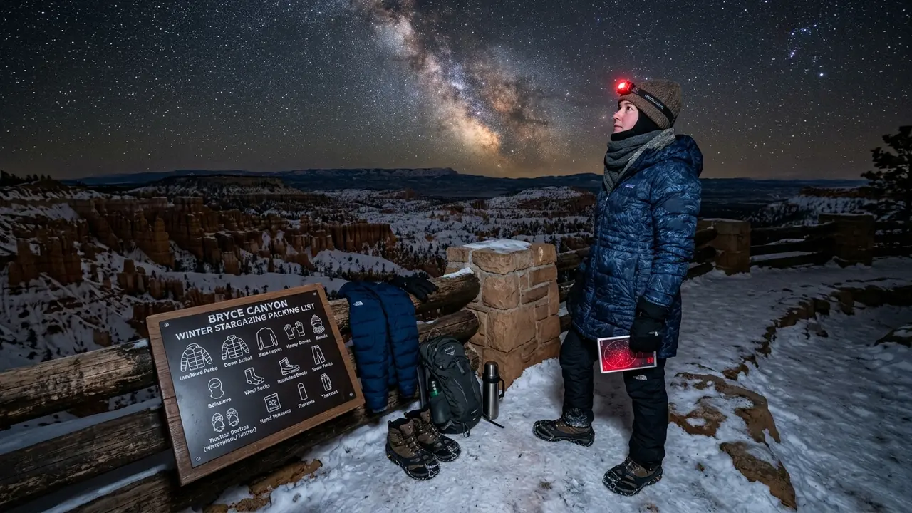 A bundled stargazer in insulated layers stands at a snow-dusted overlook above Bryce Canyon's hoodoo amphitheater at night, illustrating a Bryce Canyon winter stargazing packing list for cold-weather gear and traction devices