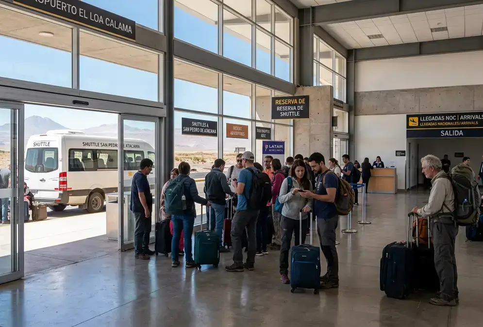 Aeropuerto El Loa Calama arrivals hall with desert landscape visible through glass doors, passengers with luggage waiting for shared shuttle transfer to San Pedro de Atacama