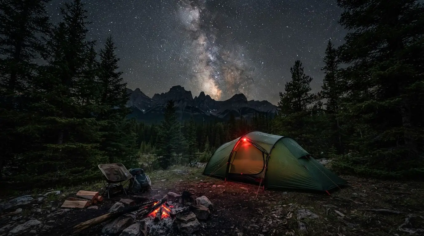 A tent pitched at Wapiti Campground under the Milky Way with Rocky Mountain peaks behind, camping for Jasper National Park stargazing
