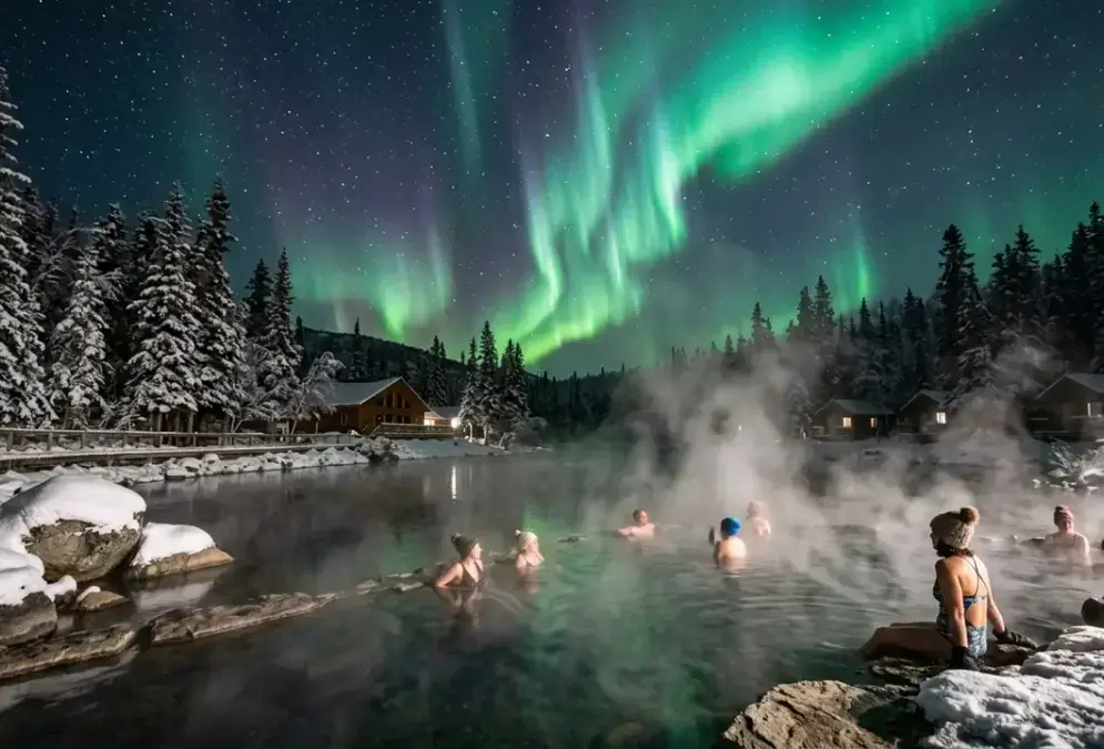 Steam rising off Rock Lake's geothermal pool at Chena Hot Springs Resort at night, green aurora borealis visible overhead, snow-covered spruce trees framing the water