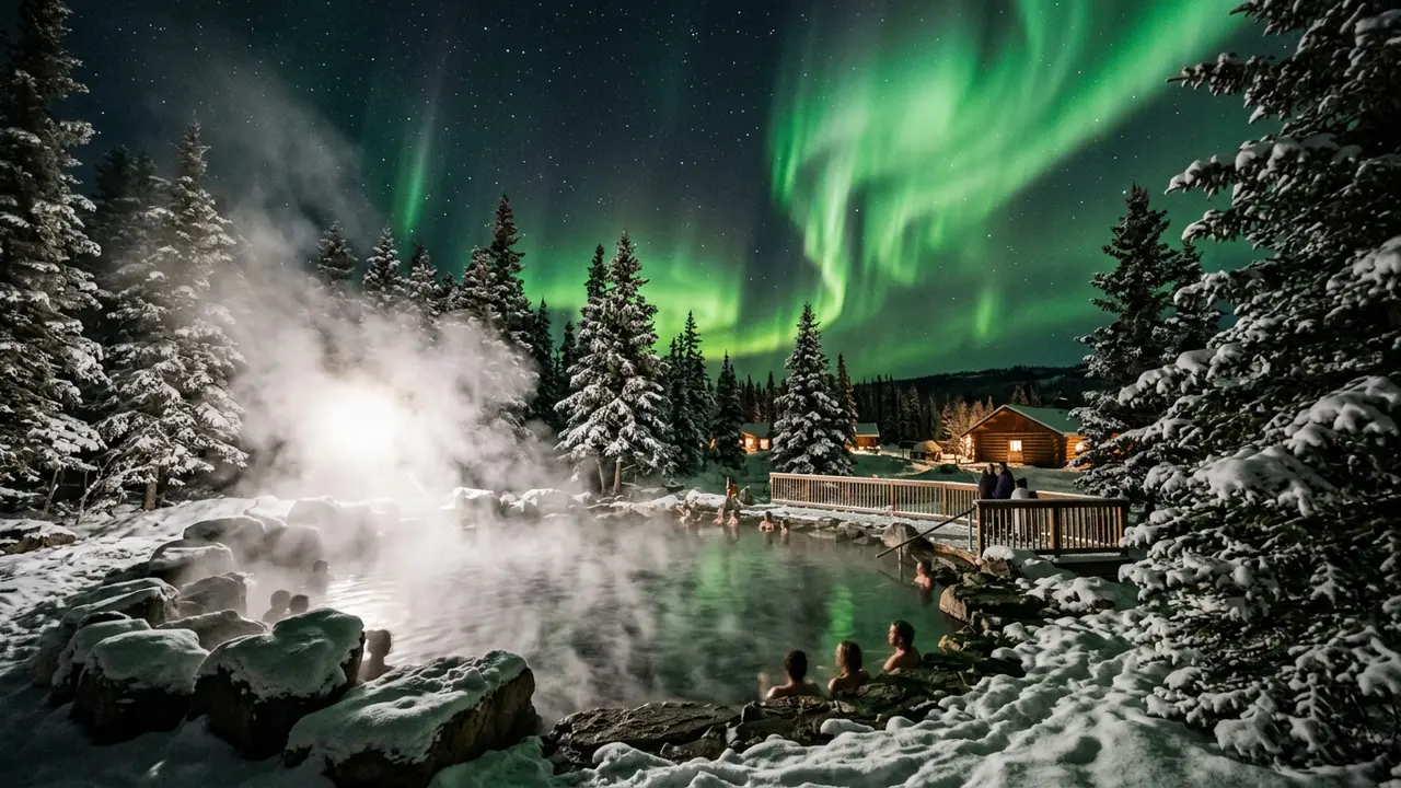Steam rising from an outdoor geothermal pool at Chena Hot Springs Resort at night, green aurora borealis curtains overhead, snow-covered spruce trees framing the water, illustrating Chena Hot Springs aurora and stargazing conditions at the resort