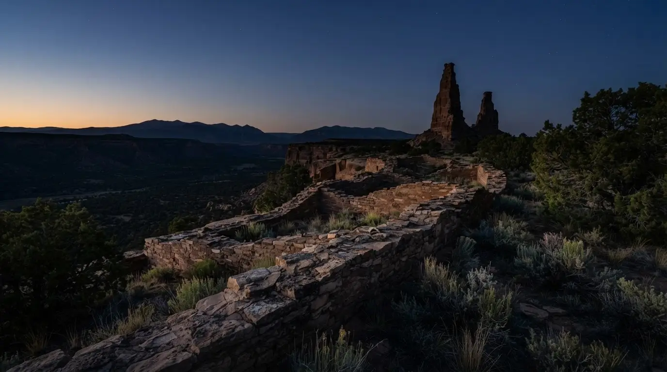 Chimney Rock dark sky lunar standstill scene: a full moon rising between the twin sandstone spires of Chimney Rock and Companion Rock at dusk above a Colorado mesa, Chacoan Great House ruin in the foreground