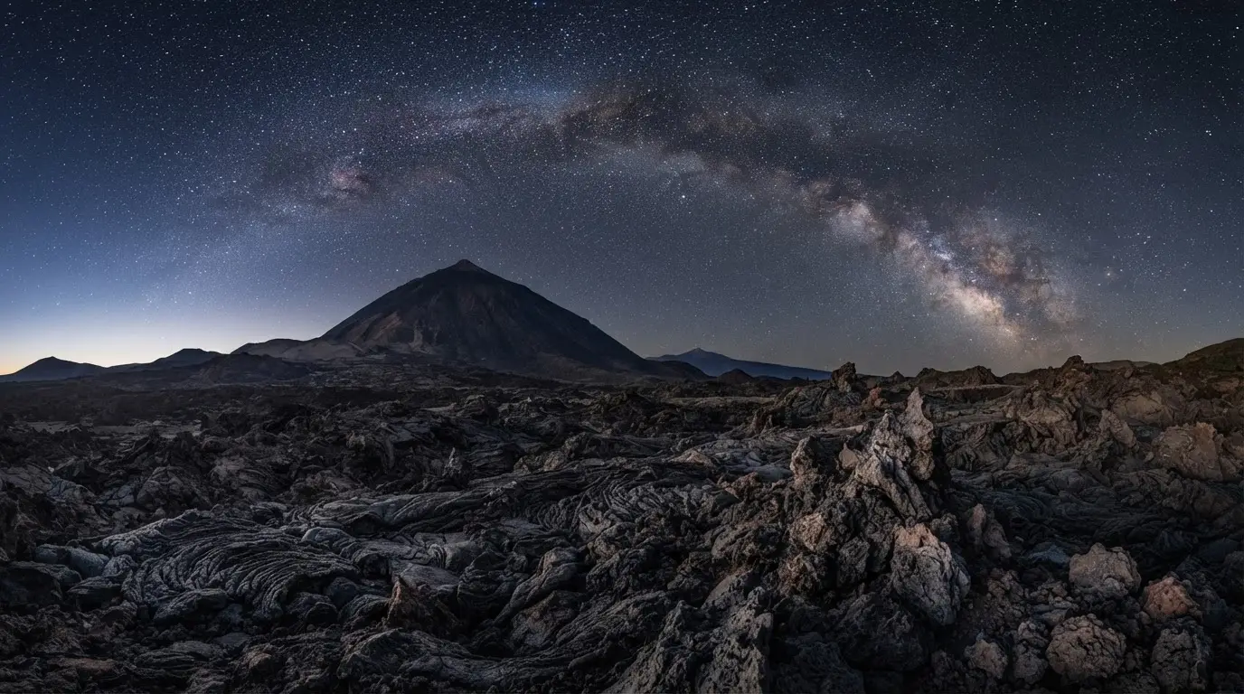 Black lava fields of El Chinyero volcano under a star-filled night sky on Tenerife, Milky Way arching above the 1909 cinder cone, astrophotography foreground with no artificial light