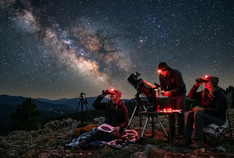A small group of stargazers under a dense, star-filled night sky, each using a red-light headlamp instead of white light, illustrating dark sky etiquette at a shared observing site