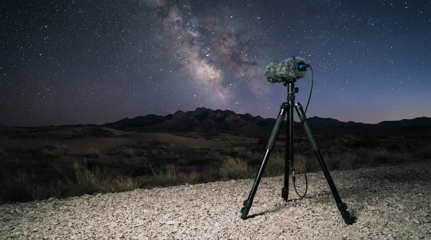 Dark sky place vs quiet park: a desert reserve under the Milky Way at night with a field recordist's microphone on a tripod in the foreground, cool blue tones