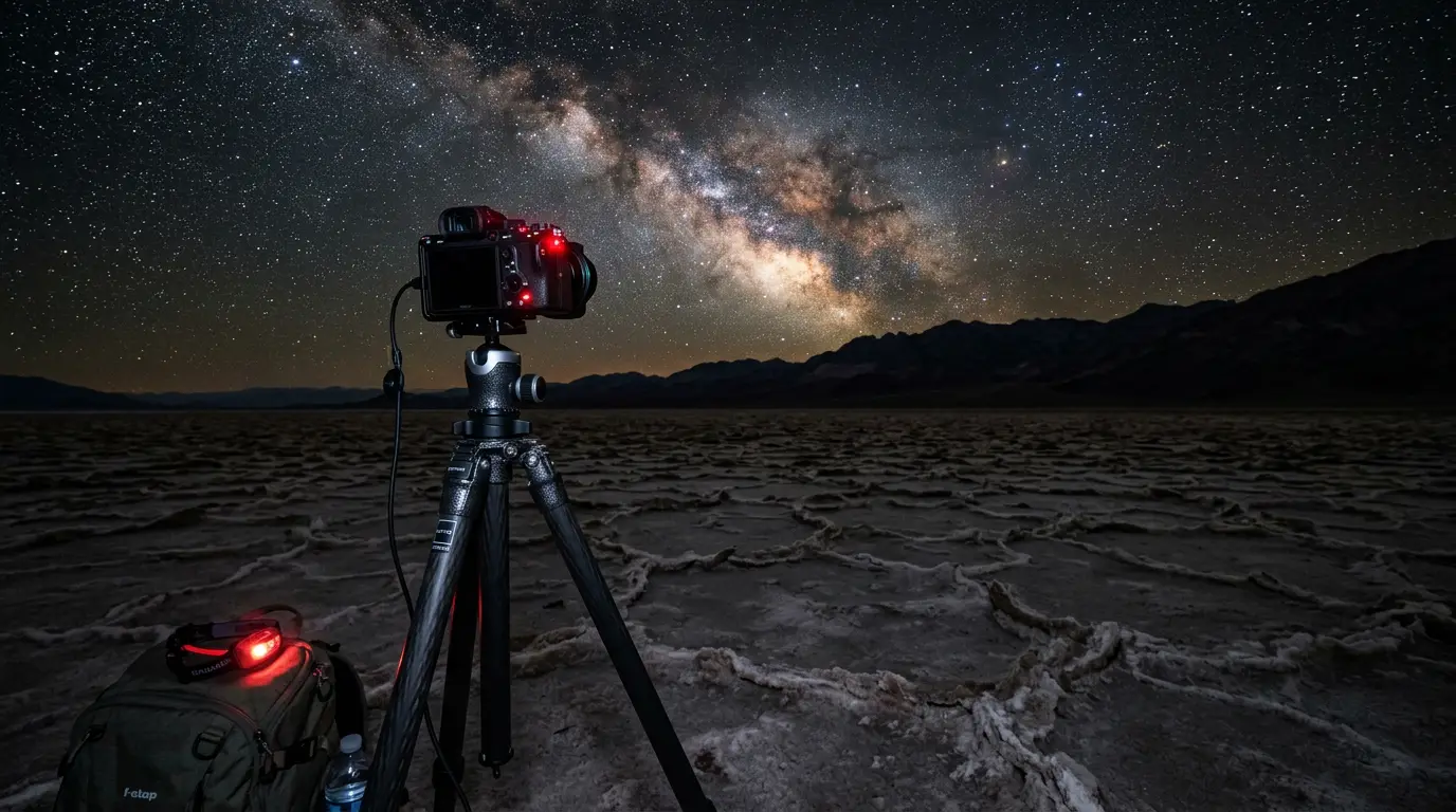 Death Valley astrophotography gear: camera and tripod framing the Milky Way core over the salt-flat horizon of Badwater Basin at night, star-dense sky above dark basin walls