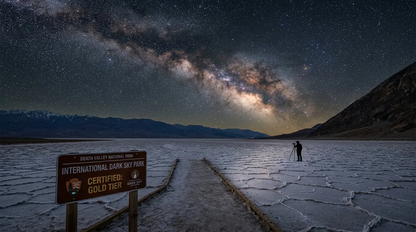 Star-filled night sky over the salt flats of Badwater Basin in Death Valley, illustrating the Death Valley dark sky certification and its Gold Tier rating, dense Milky Way arching above a dry desert valley floor