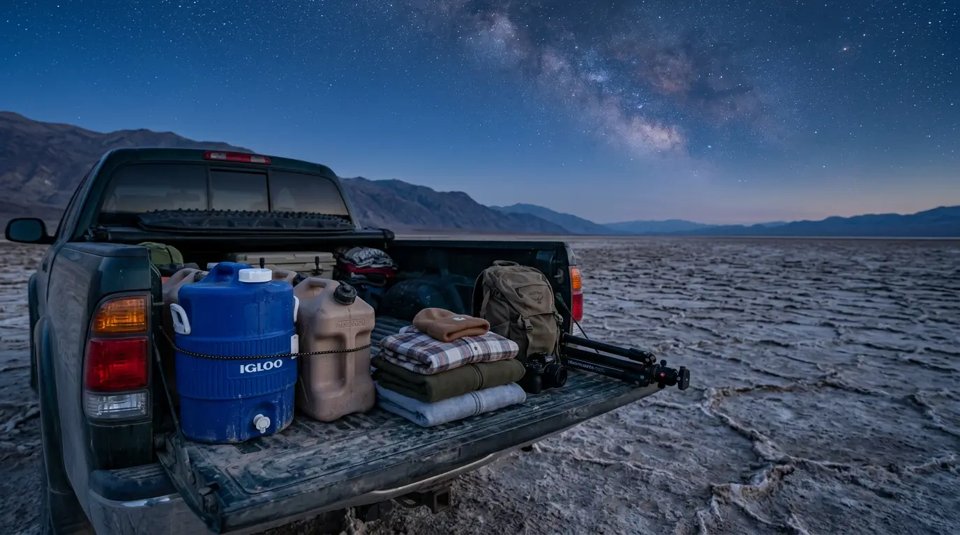 Death Valley stargazing packing list for extreme heat: water jugs, layered clothing, and a camera tripod arranged on a truck tailgate at dusk, with Badwater Basin's salt flats stretching toward a star-filled sky