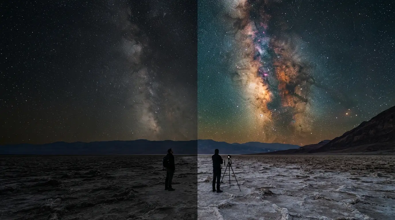 What the Milky Way looks like in Death Valley: a pale gray naked-eye band beside the colorful long-exposure version of the same sky over Badwater Basin's salt flats
