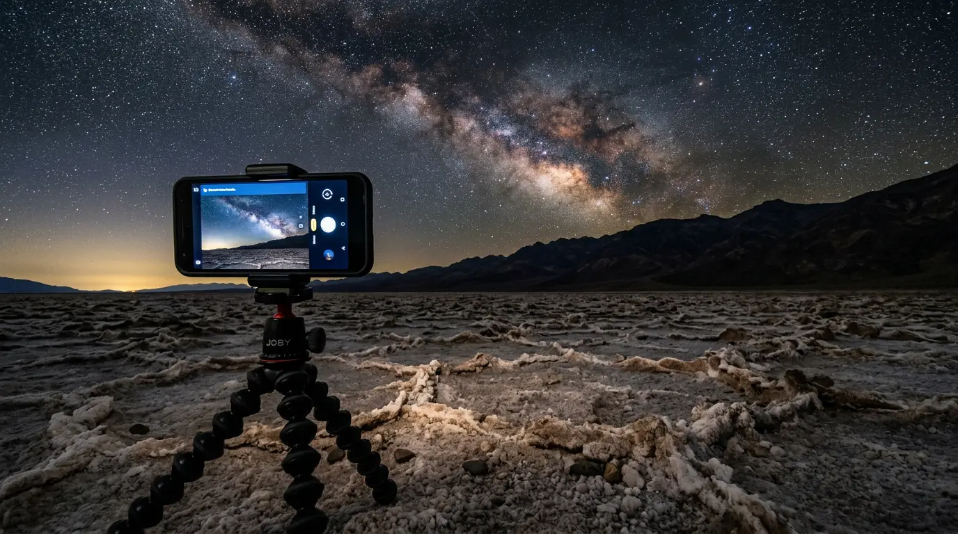 Smartphone mounted on a small tripod on Death Valley's Badwater Basin salt flats at night, Astrophotography mode capturing Death Valley stargazing photos with phone as the Milky Way core arcs above distant mountain silhouettes