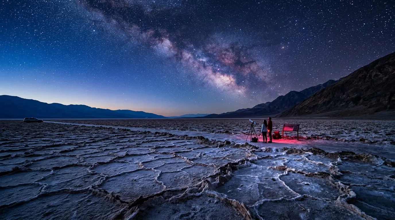 Star-filled night sky over the salt flats of Death Valley National Park at blue hour, illustrating the Death Valley stargazing FAQ on permits, heat, and dark-sky ratings