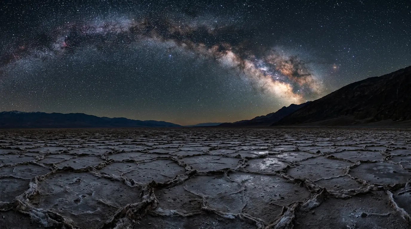 Star-filled night sky over Furnace Creek's salt flats in Death Valley, illustrating a clear Death Valley stargazing forecast with the Milky Way core rising above the valley floor
