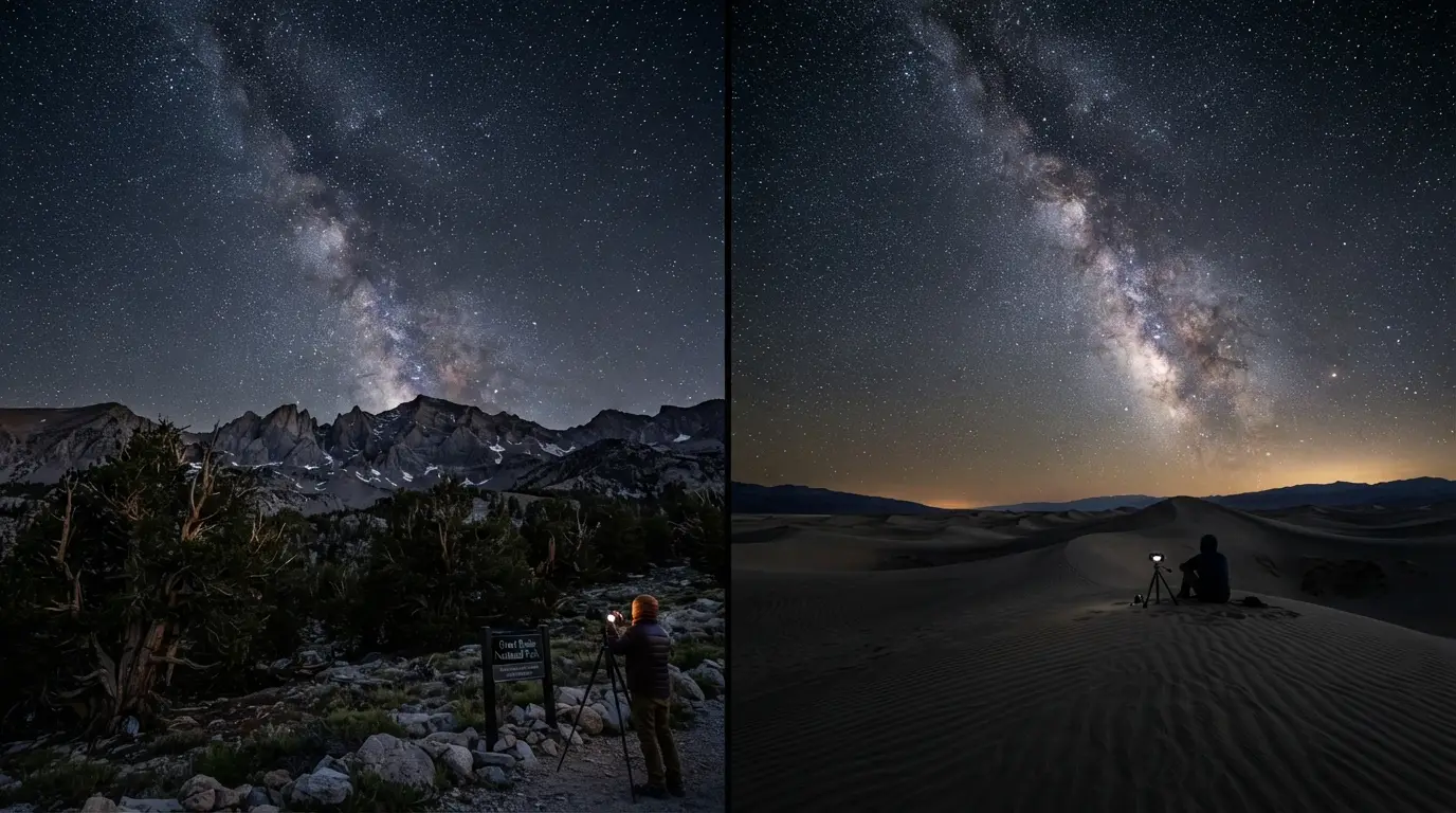 Split dusk composite of Great Basin's Wheeler Peak ridge under a star-filled sky beside Death Valley's Mesquite Flat Sand Dunes under the Milky Way, illustrating Death Valley vs Great Basin stargazing