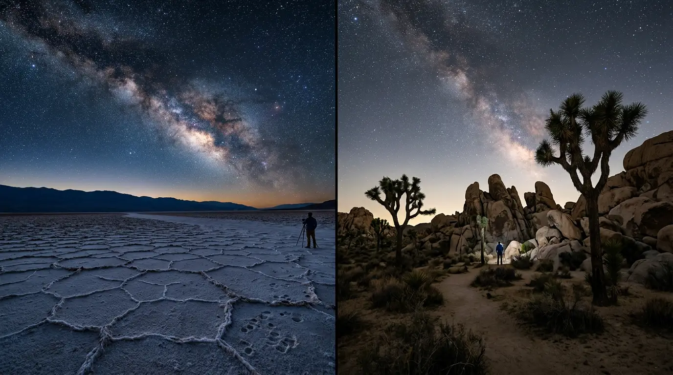 Split dusk composite of Death Valley's Badwater Basin under a Bortle 1 star-filled sky beside Joshua Tree's boulder formations under a softer night sky, illustrating Death Valley vs Joshua Tree stargazing