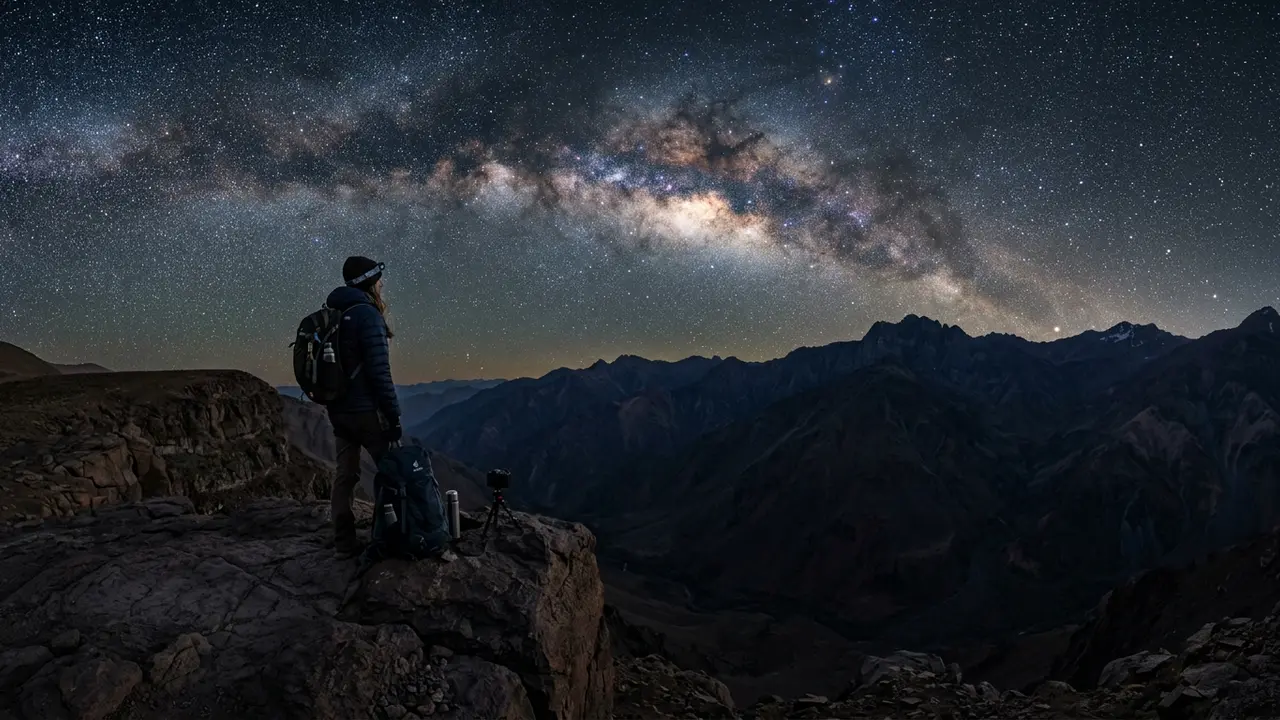 A traveler looking out over a starlit mountain valley, Milky Way arching overhead