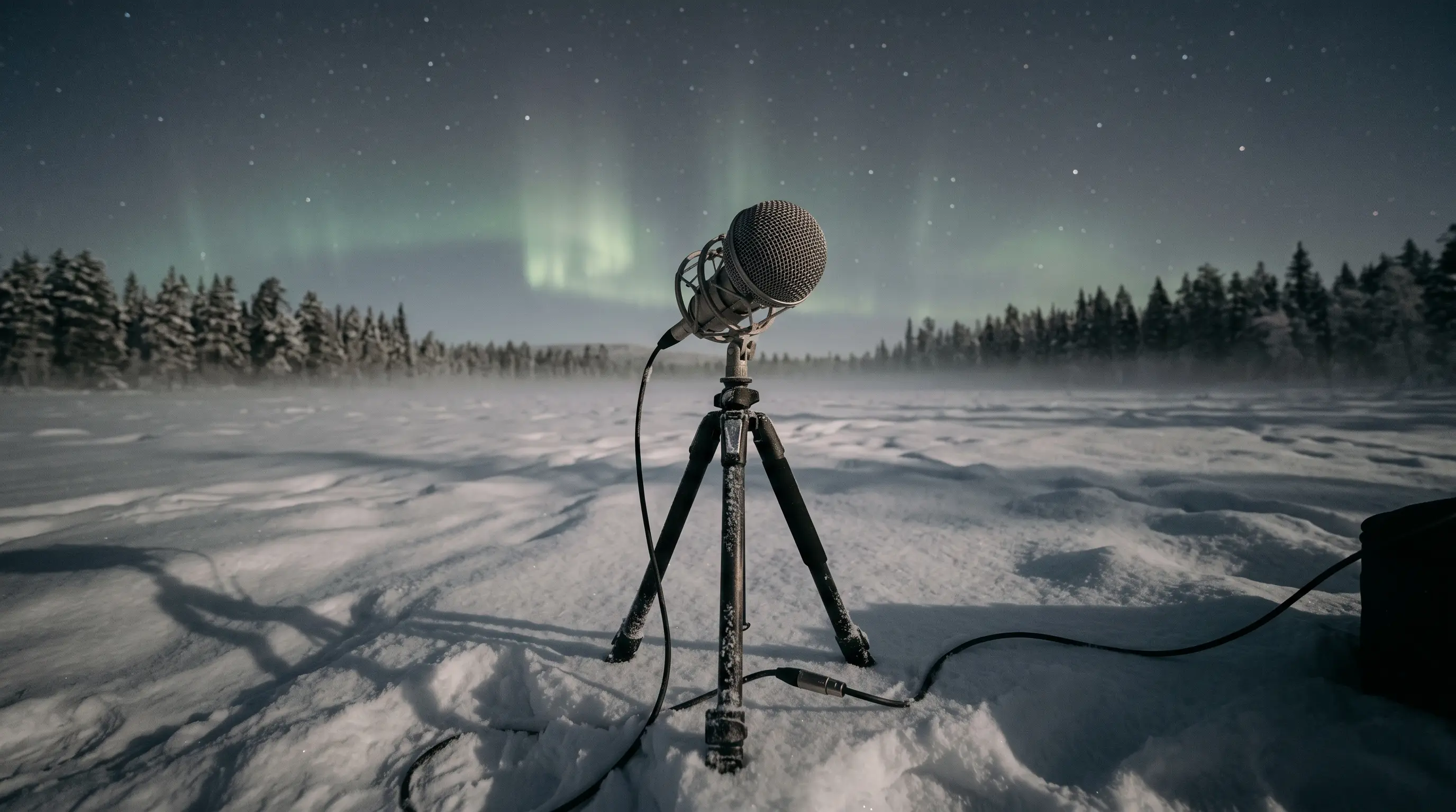 Pale green aurora over a frozen Finnish field at night, a lone microphone on a tripod in the snow, asking whether the northern lights make a sound