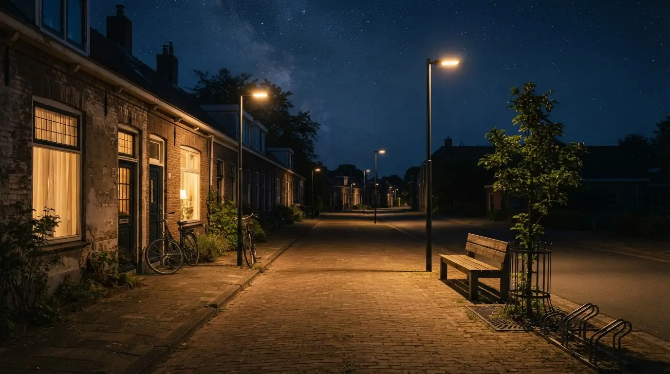 Does street lighting reduce crime: a quiet residential street at night with shielded warm-toned lamps casting pools of light on empty pavement under a clear sky