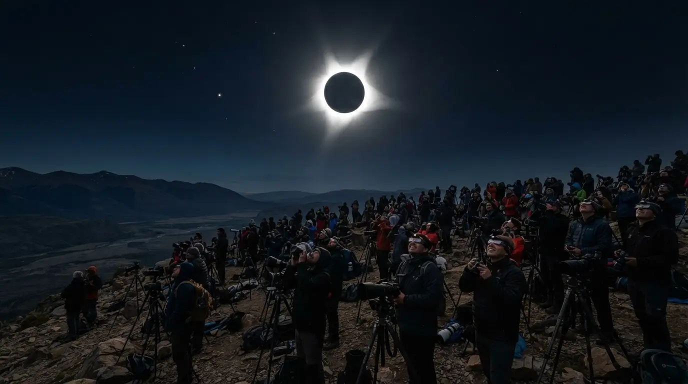 Silhouetted eclipse chasers celebrating totality under a black sky, capturing the umbraphile culture built around chasing eclipse shadows worldwide