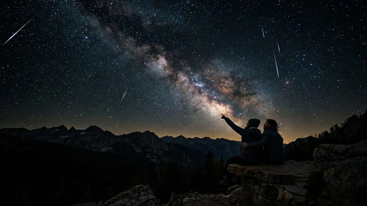 A meteor shower streaking across a starry night sky above silhouetted mountains, two travelers watching