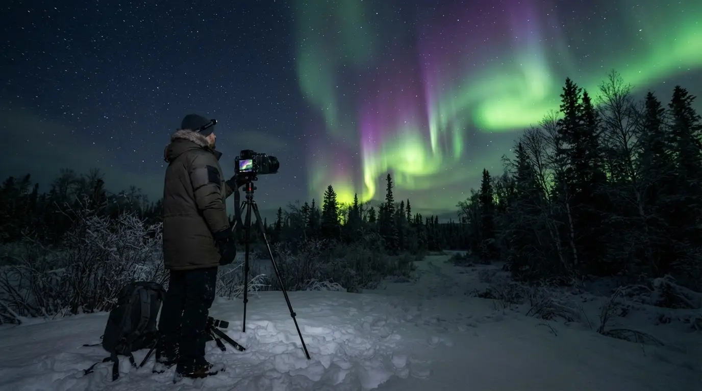 Vivid green and violet aurora borealis over the dark Fairbanks, Alaska skyline in a long-exposure night photograph, exactly the kind of saturated camera image that explains why don't northern lights look like the photos to the naked eye