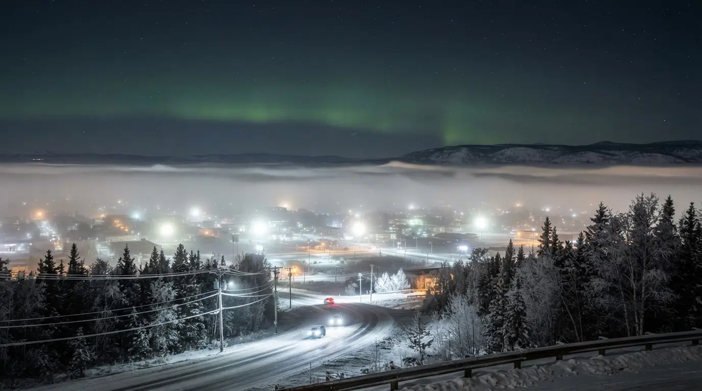 Fairbanks ice fog aurora: a low white ice-fog layer smothers the valley while green aurora curtains blaze clearly in dark sky above the fog line near a snow-covered hillside silhouette