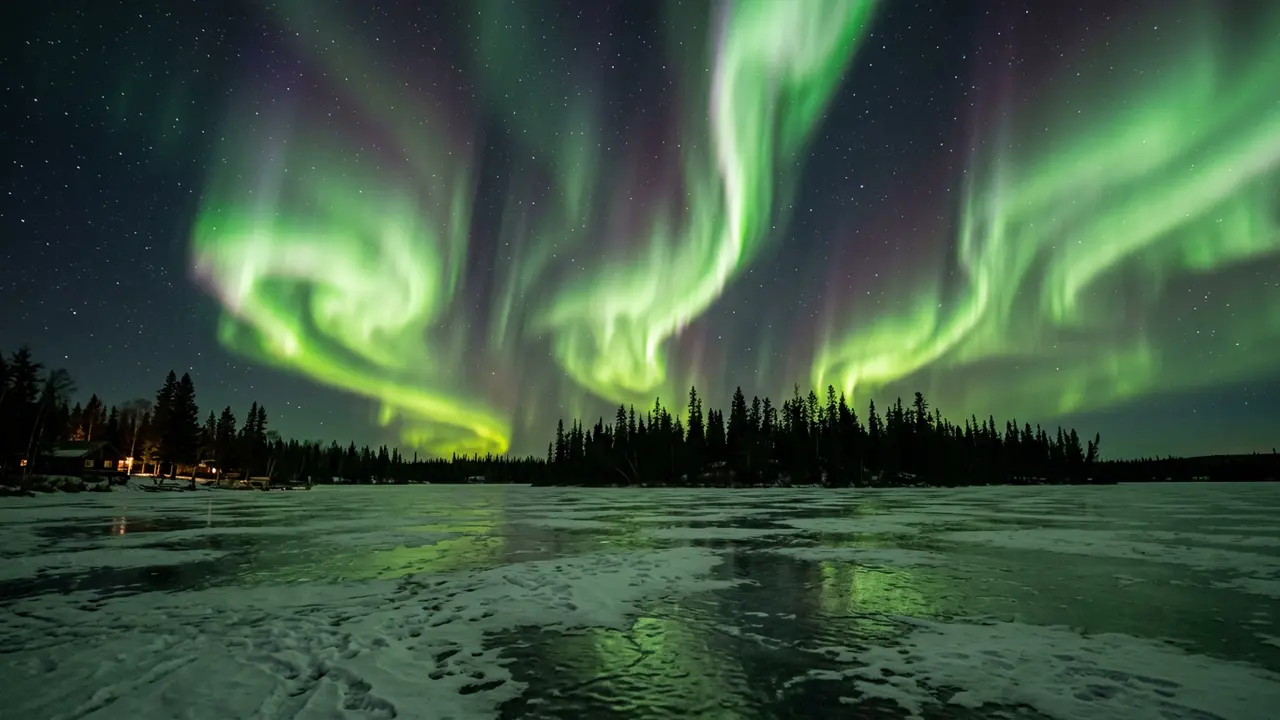 Wide green northern lights curtains rising above a frozen lake near Fairbanks Alaska at midnight, dark spruce trees silhouetted against the glowing sky, the scene at the center of every Fairbanks northern lights FAQ