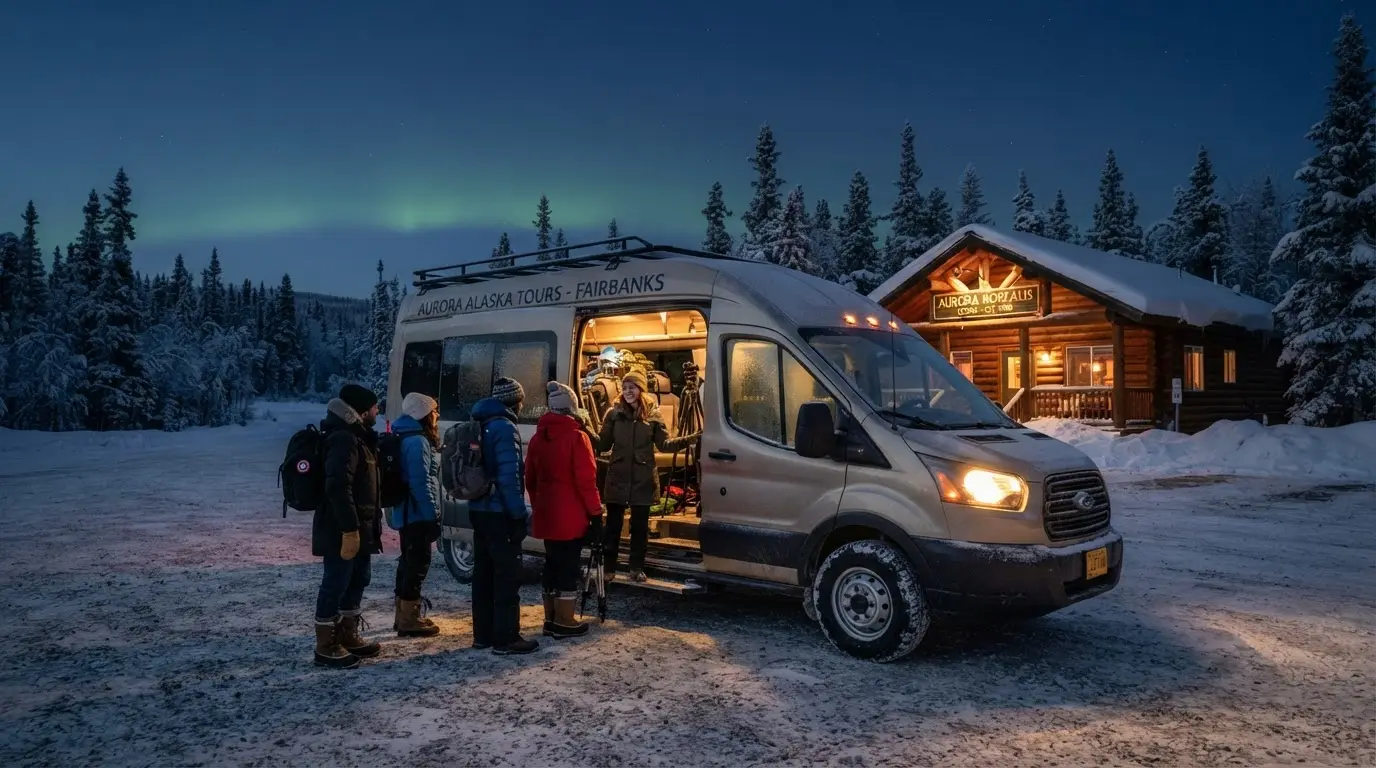 A small guided aurora-tour van parked at a snowy Fairbanks pull-off under green northern lights, framing whether a Fairbanks northern lights tour is worth the cost versus driving yourself