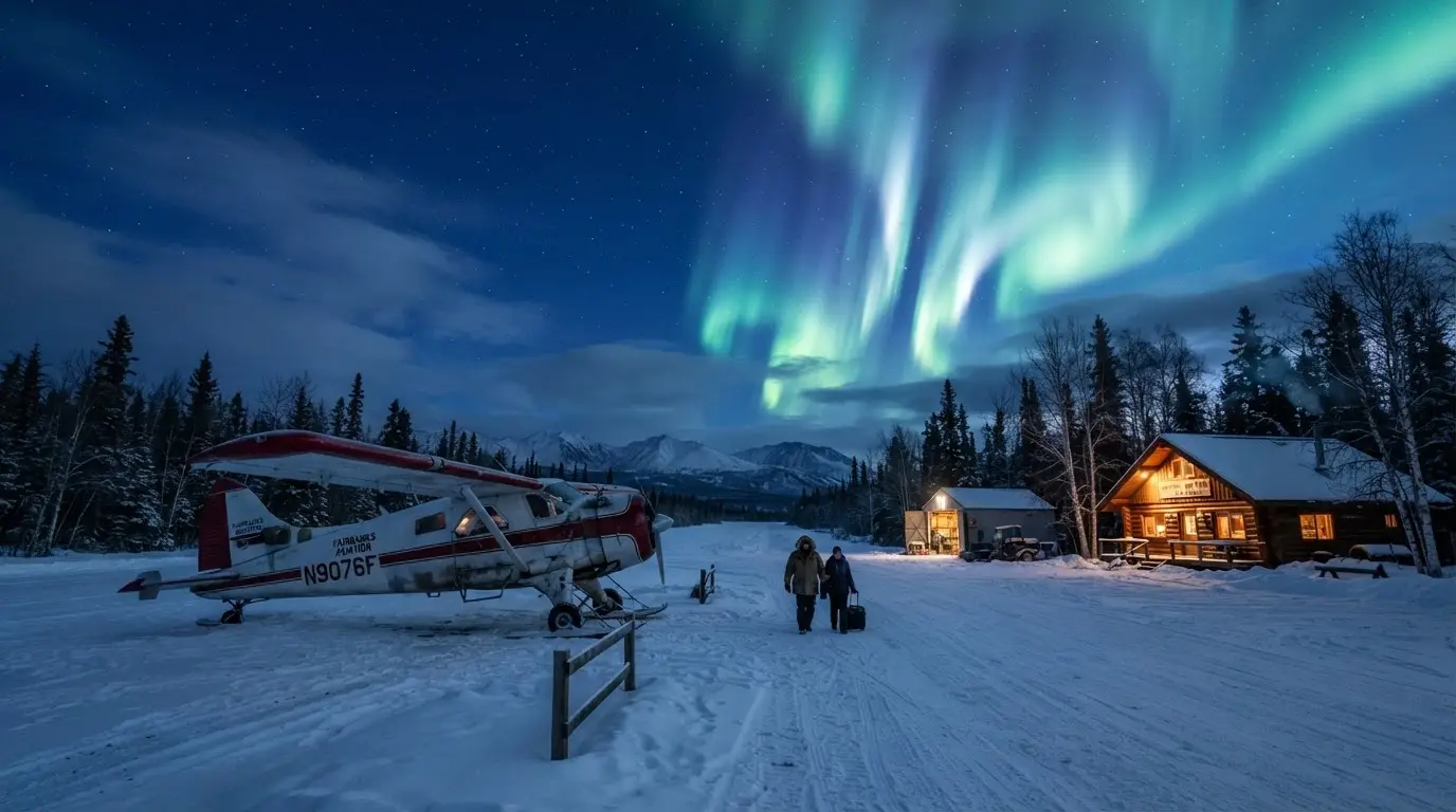 A small bush plane parked on a snow-covered runway outside Fairbanks at dusk, green aurora ribbons unfurling overhead against a deep blue sky