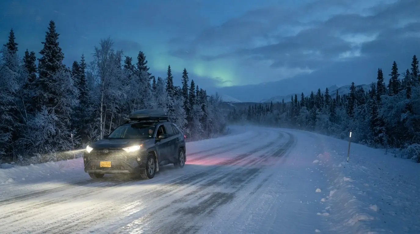 A single 4WD SUV pulled off on a snow-packed two-lane highway outside Fairbanks with its headlights off, a green aurora arc overhead, and a small guided tour group watching from a heated lodge deck in the distance, photorealistic split composition contrasting a Fairbanks northern lights self-drive trip against a guided tour.