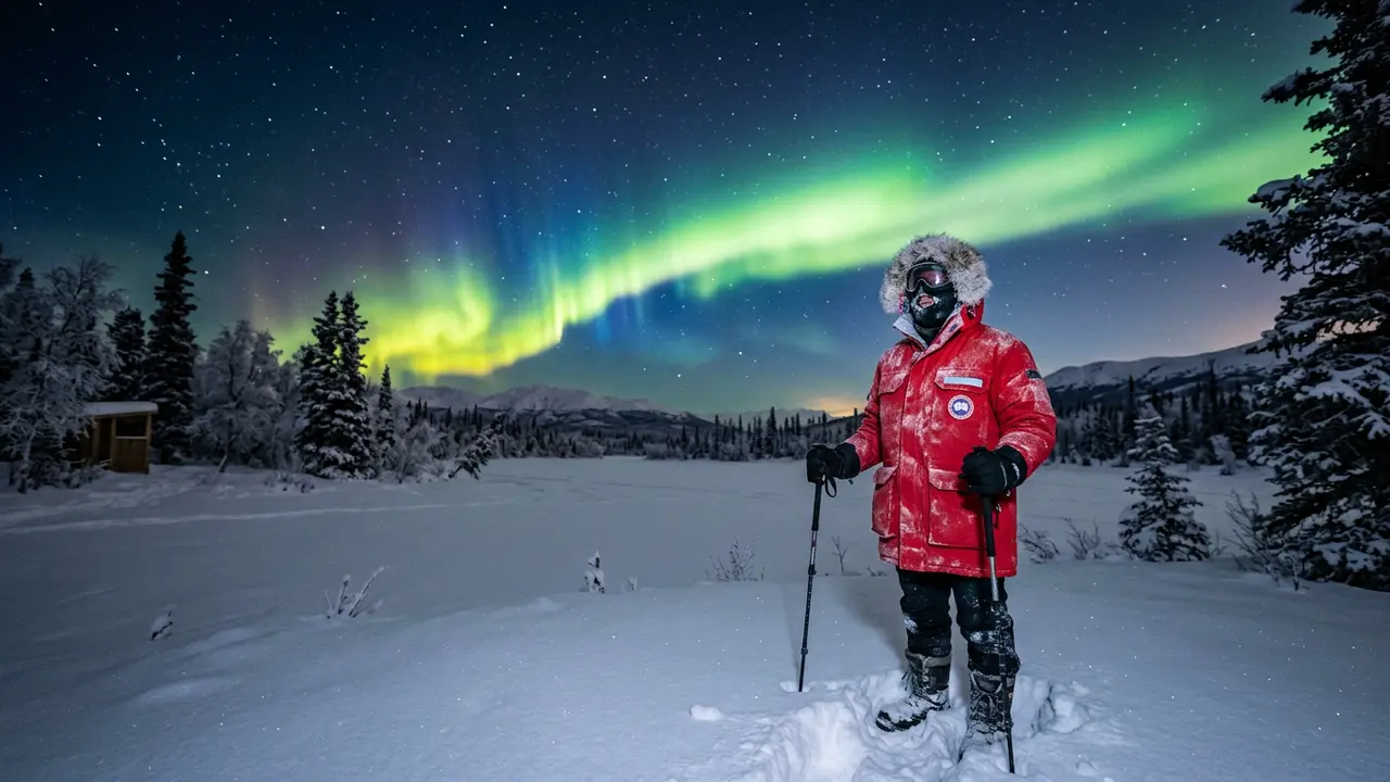 Person in a −40°F expedition parka and full-face balaclava standing motionless in deep snow at night in Fairbanks Alaska, green curtain of northern lights aurora filling the sky overhead, Fairbanks winter packing list northern lights