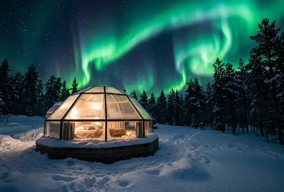 View of Northern Lights in Finnish Lapland