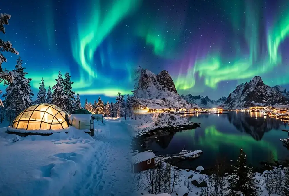Finnish Lapland vs Norway northern lights: a glass igloo glowing under green aurora in Lapland's snowy forest beside a Tromsø fjord lit by aurora in Arctic Norway