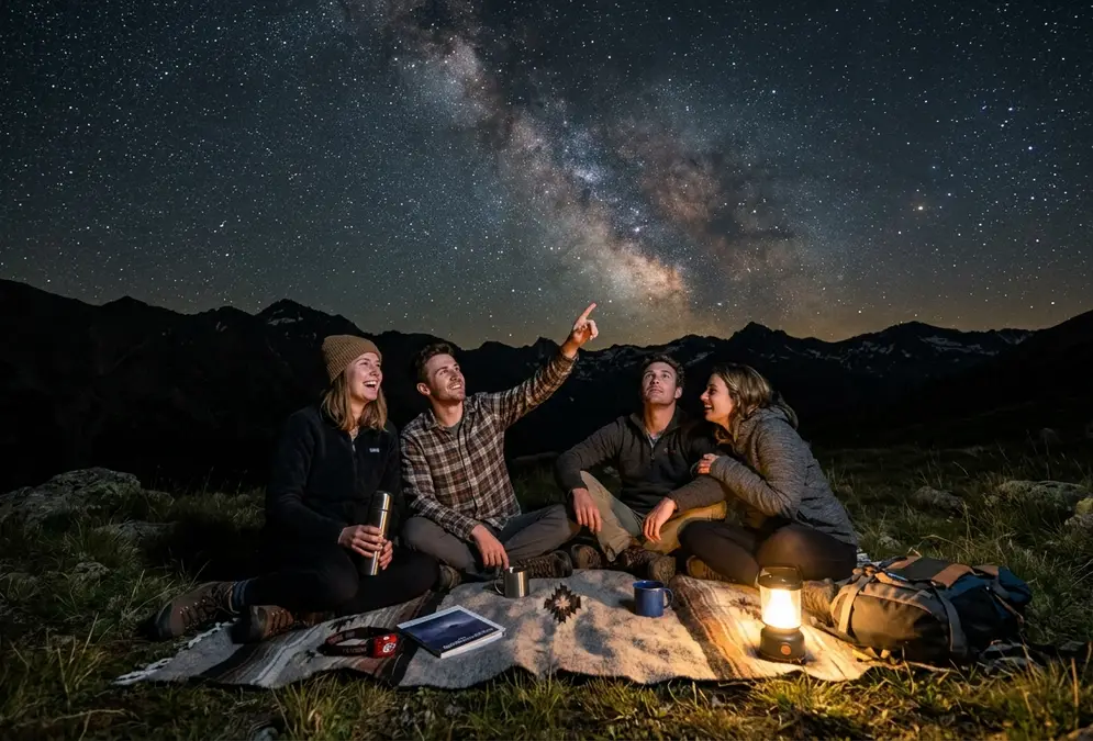 A couple reclining in camp chairs under a star-filled dark sky with binoculars and a red flashlight, on a first dark-sky weekend getaway with no telescope needed