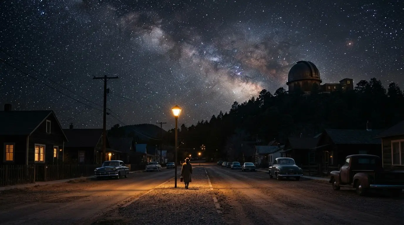AI-generated historical illustration of Flagstaff beneath the Milky Way, with an amber streetlamp and an observatory dome on a hill, evoking the first international dark sky city