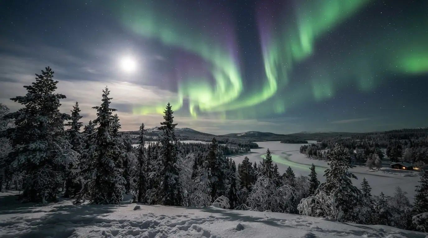 A full moon glowing above a strong green aurora over a snow-covered Finnish Lapland landscape at night, illustrating whether a full moon ruins the northern lights in Lapland