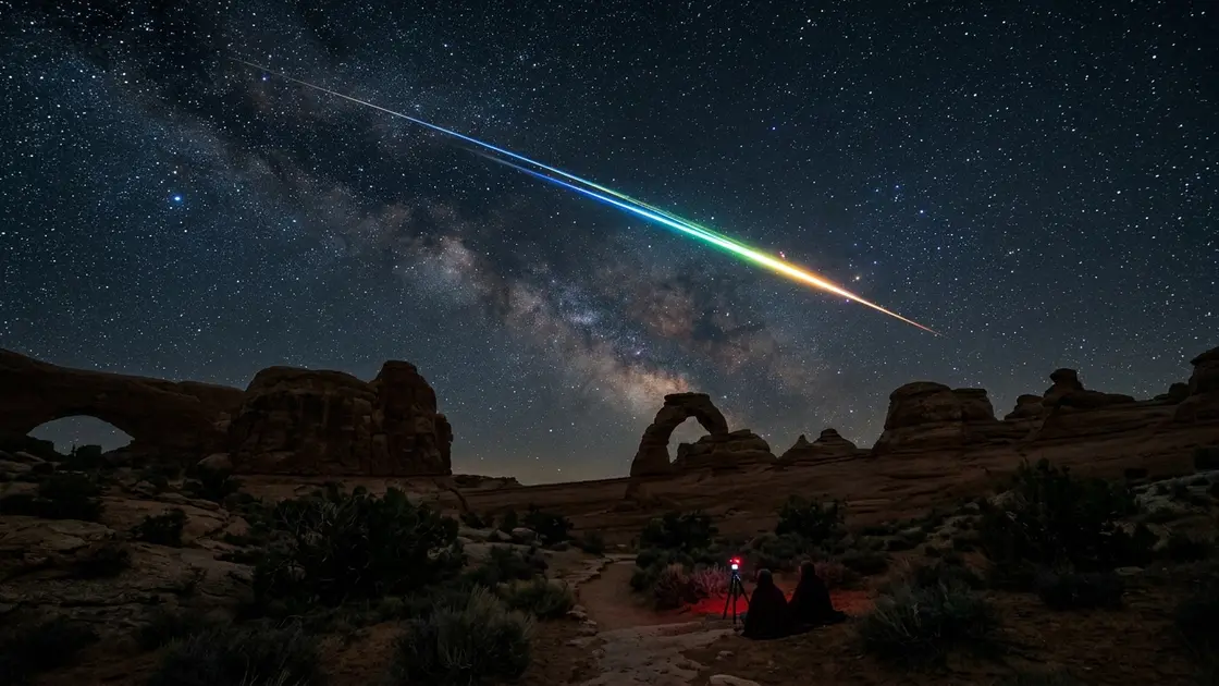 Bright multicolored Geminid meteor streaking across a star-filled sky above a dark-sky destination landscape