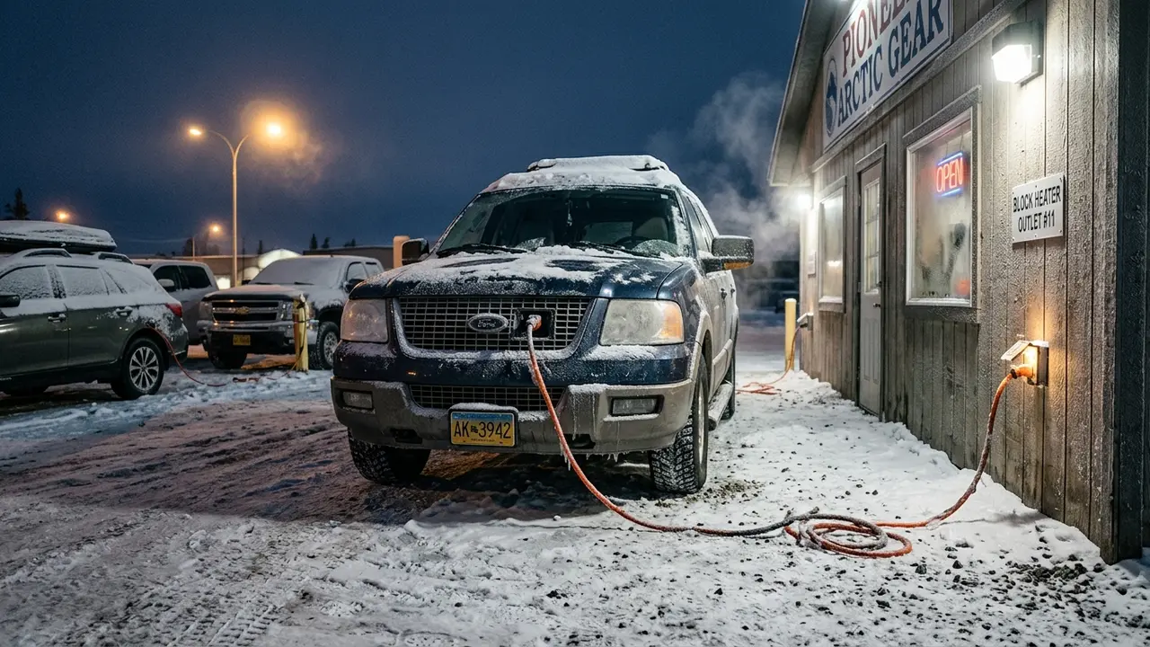 A 4WD SUV with a block heater extension cord plugged into an outdoor wall outlet in a snowy Fairbanks Alaska parking lot, dark winter sky overhead, showing the practical reality of getting around Fairbanks in winter at sub-zero temperatures