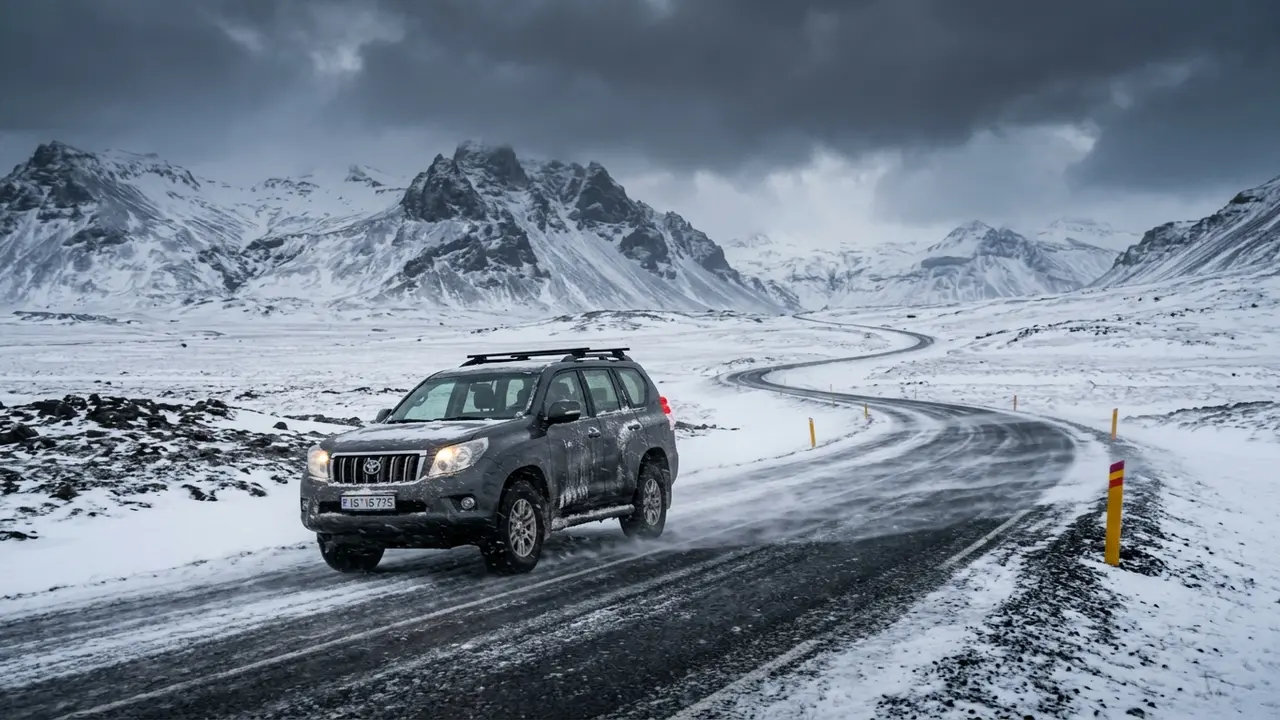 A 4x4 rental car driving through blowing snow on Iceland's Ring Road in winter, an icy road stretching toward grey mountains under a stormy sky, illustrating getting around Iceland in winter for aurora road trips
