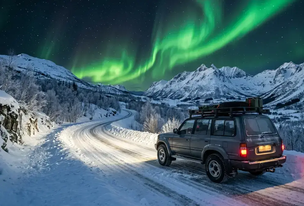 A car on a snow-covered mountain road outside Tromsø at polar night with green aurora borealis visible overhead, illustrating getting around Tromsø in winter transport options for aurora hunters