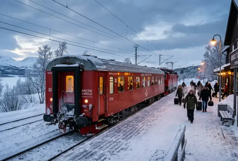 Getting to Abisko by train: a red Arctic Circle line carriage stopped at the snow-covered platform of Abisko Turiststation at dusk, Swedish Lapland