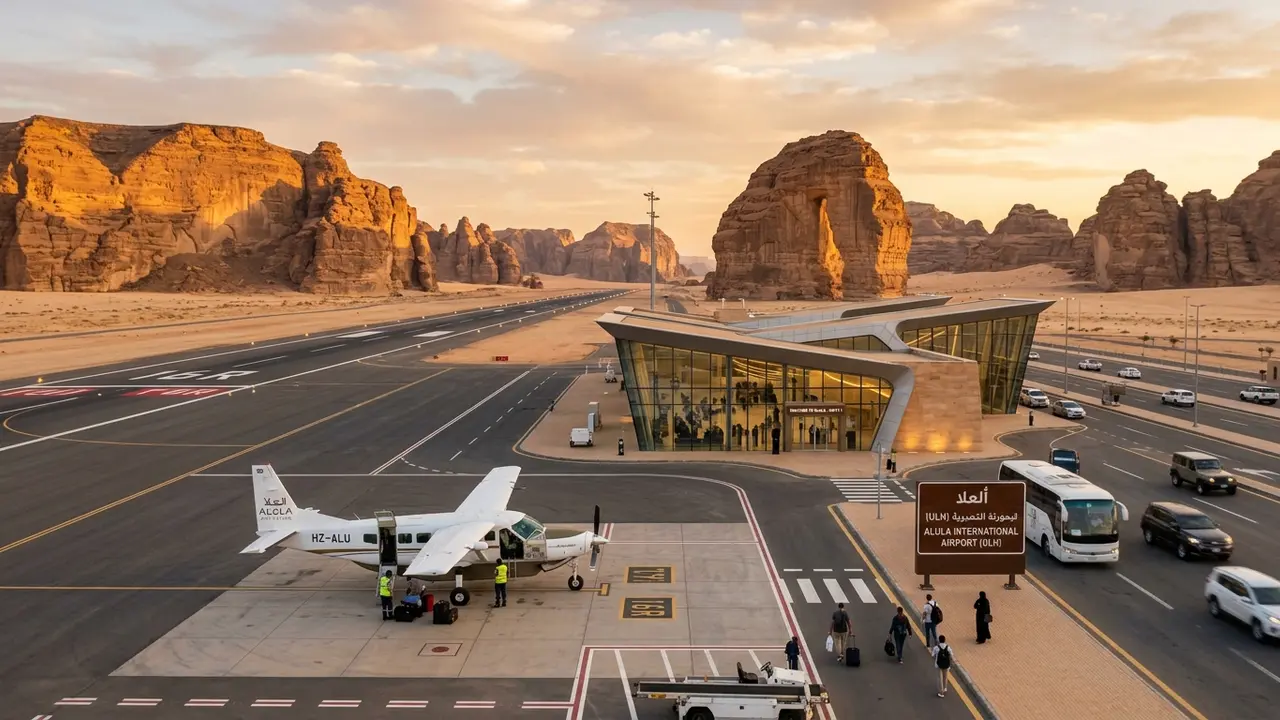 Small propeller aircraft beside a modern terminal at AlUla International Airport at golden hour, sandstone desert cliffs framing the runway, illustrating how to get to AlUla Saudi Arabia by air and road