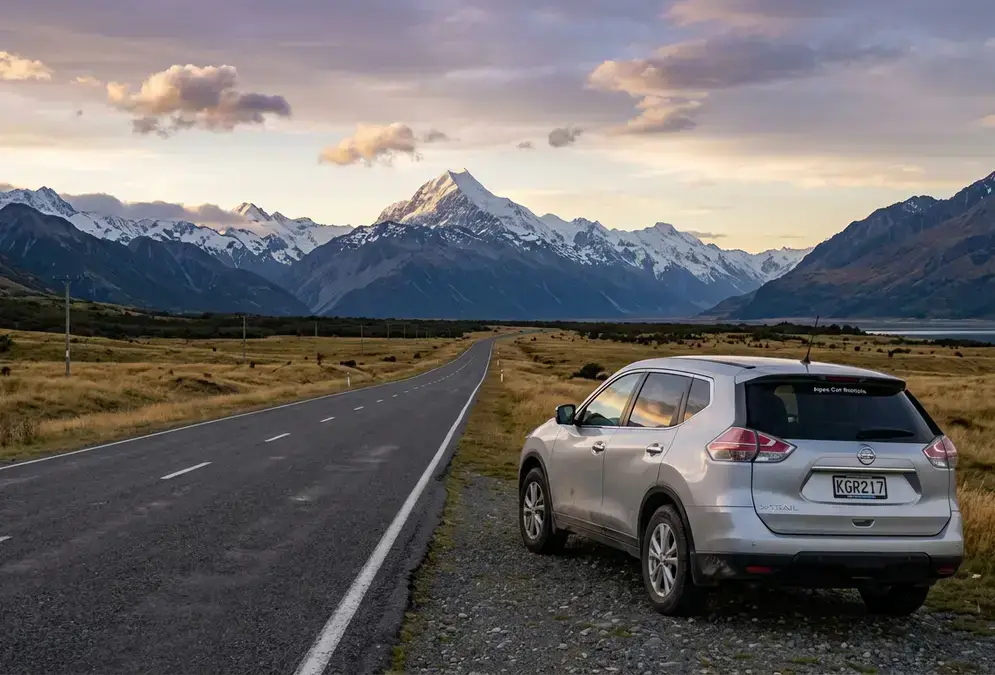 Rental car parked on the sealed highway through the Mackenzie Basin at dusk, Southern Alps rising ahead on the drive to Lake Tekapo, getting to Aoraki Mackenzie by road from Christchurch or Queenstown