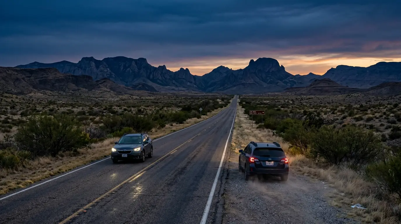 Getting to Big Bend National Park: a lone car on an empty desert highway at dusk, mesquite scrub stretching toward distant mountains under a deepening indigo sky, illustrating the long, remote drive required to reach the park